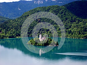 Panoramic view of Bled Lake with Pilgrimage Church of the Assumption of Maria, Slovenia