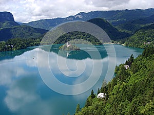 Panoramic view of Bled Lake with Pilgrimage Church of the Assumption of Maria, Slovenia