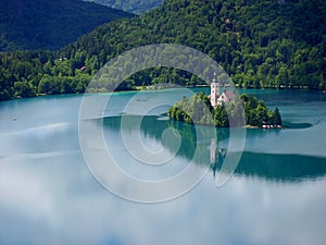 Panoramic view of Bled Lake with Pilgrimage Church of the Assumption of Maria, Slovenia