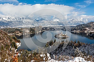 Panoramic view of Bled lake and St. Marys Church of the Assumption, Slovenia, Europe