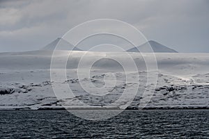 Panoramic view of Blue hour of the mountains, snow and Sea in Svalbard, Norway.