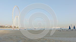 Panoramic view of Bluewaters Island, famous Ferris Wheel, JBR beach area, UAE. Aerial sky at highest buildings in