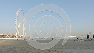 Panoramic view of Bluewaters Island, famous Ferris Wheel, JBR beach area, UAE. Aerial sky at highest buildings in