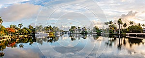 Panoramic view of boats and luxury homes line the canals near Las Olas Blvd. in Fort Lauderdale Florida