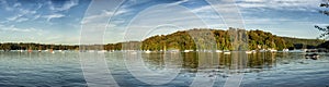 Panoramic view of Boats moored on the River Dart, Dittisham, Devon