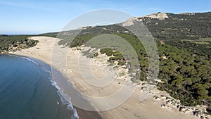 Panoramic view of Bolonia beach in the municipality of Tarifa, Andalusia