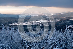 Panoramic view from Borowa Gora view point during winter time.