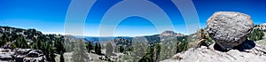 Panoramic view of a boulder at the trailhead parking lot to Bumpass Hell in Lassen Volcanic National Park