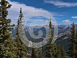 Panoramic view of Bow Valley near Banff, Alberta, Canada viewed from Sulphur Mountain with Lake Minnewanka and Bow River.