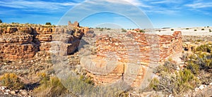 Panoramic view of box canyon pueblos in Wupatki National Monument