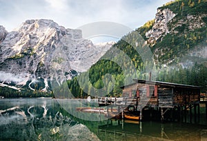 Panoramic view of Braies Lake in Dolomites, Italy