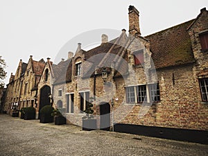 Panoramic view of brick stone building houses in historic city center Bruges West Flanders Flemish Region Belgium Europe