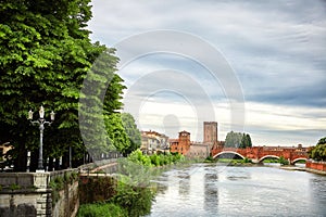 Panoramic view of Bridge Ponte Pietra in Verona photo