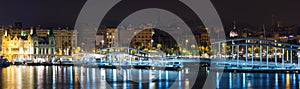 Panoramic view of bridge at Port in autumn night. Barcelona