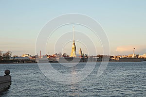 Panoramic view from the bridge to the Peter and Paul fortress during the day