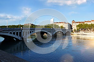 Panoramic view bridge Wilson on river Rhone in Lyon France