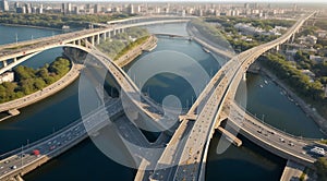 panoramic view of bridges with lake, top view of bridges, landscape with bridges, bridge over river