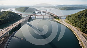 panoramic view of bridges with lake, top view of bridges, landscape with bridges, bridge over river