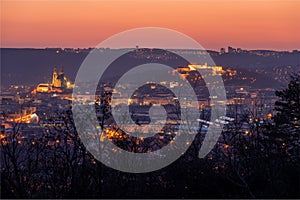 Panoramic view of Brno at night.