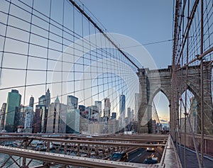 Panoramic View of Brooklyn Bridge traffic and Manhattan skyline - New York, USA