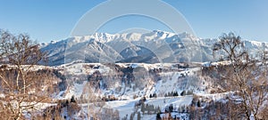 Panoramic view of Bucegi Mountains, view from Pestera, Brasov, Transylvania, Romania