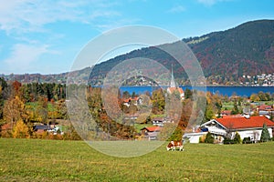 Panoramic view from Bucher Hang hillside to tourist area tegernsee, bavaria