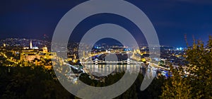 Panoramic view of Budapest Castle and Danube river at night, Hungary