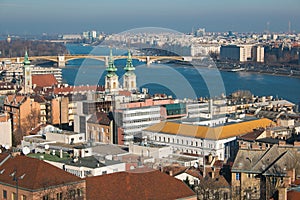 Panoramic view of Budapest city and Danube river on winter cold day