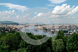 Panoramic view of budapest with danube river and lush greenery