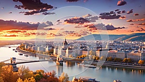Panoramic view of Budapest and Danube river at sunset, Hungary, Panoramic view over the budapest at sunset, AI Generated