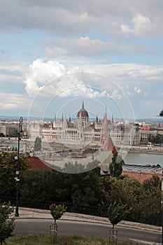 Panoramic view of Budapest, from height of bird`s flight, from the Watchtower, before a rain.