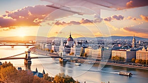 Panoramic view of Budapest at sunset, Hungary. Beautiful cityscape with Danube river, Panoramic view over the budapest at sunset,
