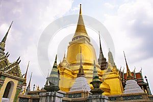 Panoramic view of the Prasat Phra Thep Bidon and the Golden Chedi in Wat Phra Kaew Complex. Bangkok, Thailand. photo