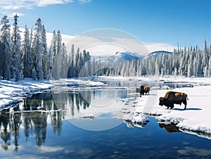 Ai Generated illustration Wildlife Concept of Panoramic view of buffalos in winter in Yellowstone Park