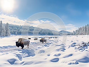 Ai Generated illustration Wildlife Concept of Panoramic view of buffalos in winter in Yellowstone Park