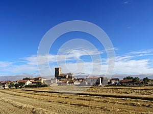 Panoramic view of the Burgos town of Castrillo Solarana. The tower of the medieval church of San Pedro stands out. Spain.