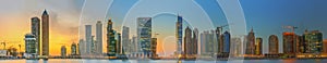Panoramic view of Business bay and downtown area of Dubai, reflection in a river, UAE.