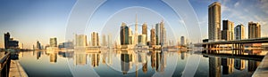 Panoramic view of Business bay and downtown area of Dubai at sunrise, UAE