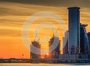 Panoramic view of Business bay and downtown area of Dubai at sunset, UAE