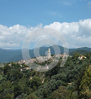 Panoramic view of Bussana Vecchia in a green hilly landscape