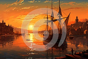 Panoramic view of a bustling harbor at sunset