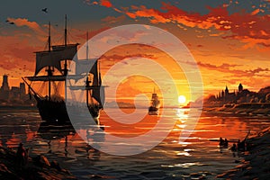 Panoramic view of a bustling harbor at sunset