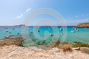 Panoramic view of Cala Escondida . Cala Comte, Ibiza, Balearic Islands. Spain