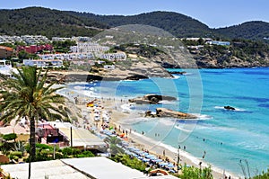 Panoramic view of Cala Tarida beach in Ibiza Island, Spain