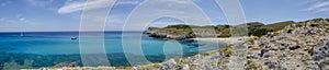 Panoramic view of Cala Torta beach on the island of Majorca, Spain. Europe. Balearic Islands. Sailboat