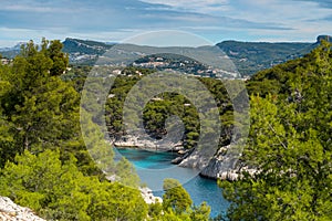 Panoramic view of Calanque de Port Pin in Calanques National Park, Provence, France