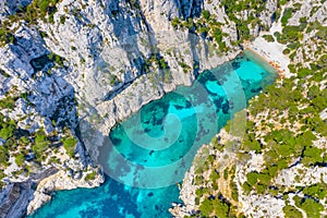 Panoramic view of Calanques National Park near Cassis fishing village, Provence, South France