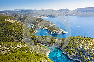 Panoramic view of Calanques National Park near Cassis fishing village, Provence, South France, Europe, Mediterranean sea