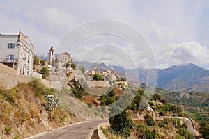 Panoramic view of Calenzan, a picturesque hillside village in Balagne and starting point of GR20 trek. Corsica, France.