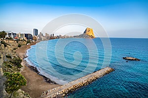 Panoramic view of Calpe town and Penon de Ifach rock, Valencia, Spain